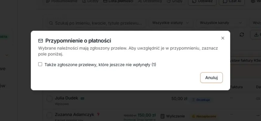 Zgłoszony przelew jest domyślnie pominięty i wymaga świadomego dołączenia