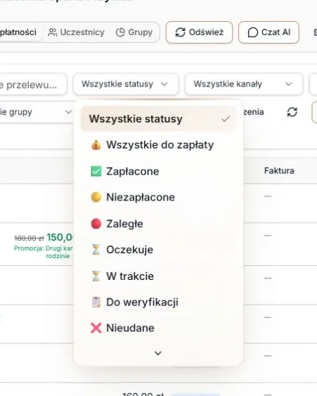 Lista opcji filtra Status