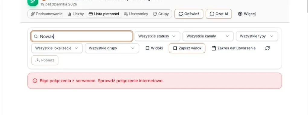 Błąd odczytu — ponowienie z paska filtrów Listy płatności