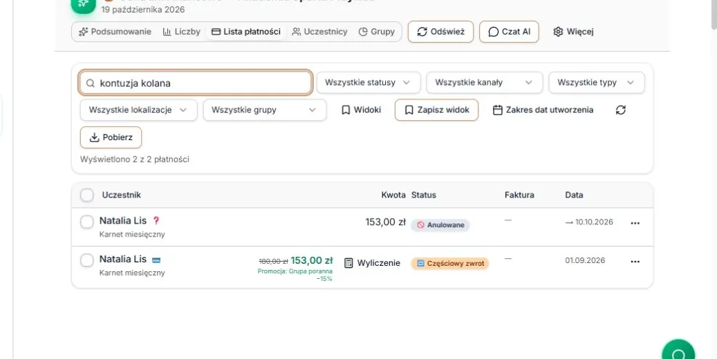 Dwie płatności znalezione po notatce o kontuzji
