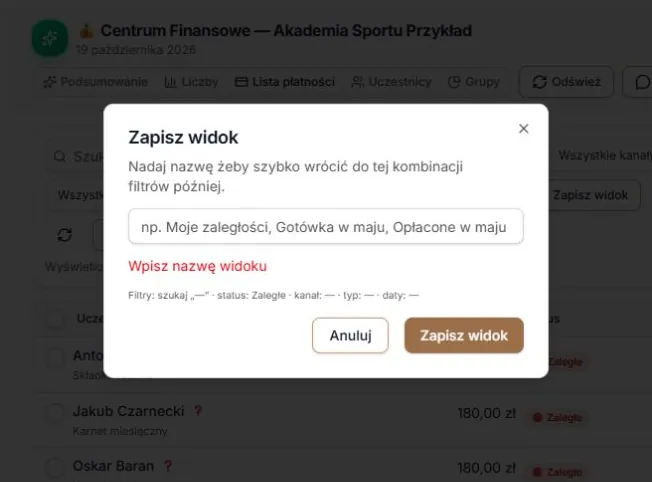 Pusta nazwa — błąd w oknie zapisu