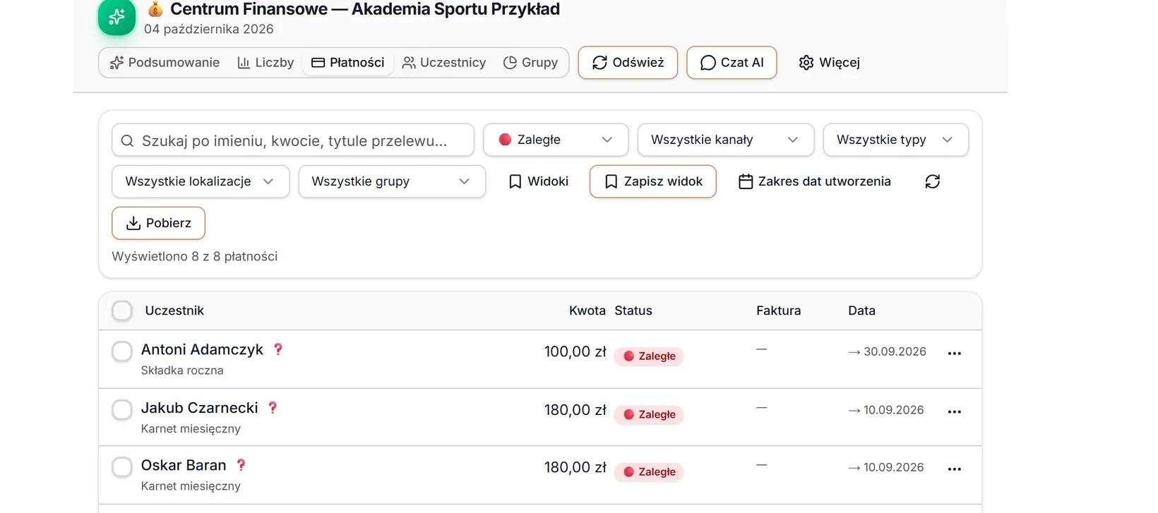 Płatności otwarte z pulpitu — od razu filtr Zaległe