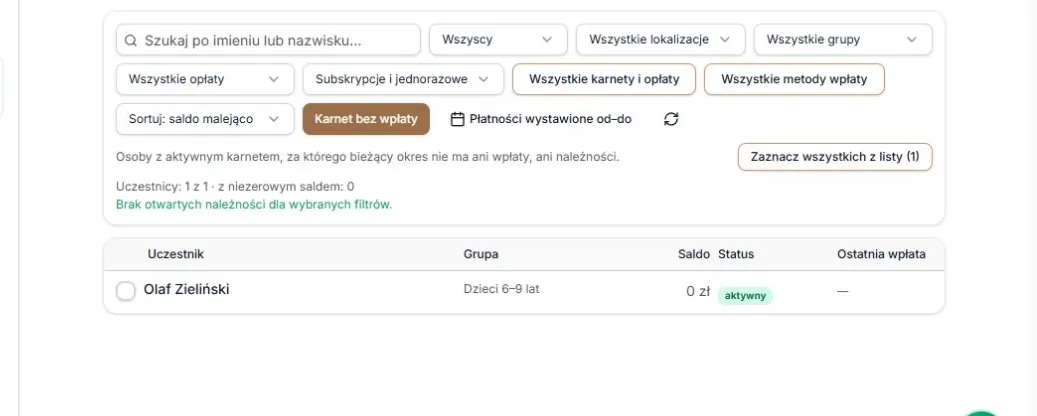 Karnet bez wpłaty — osoba bez wystawionej należności