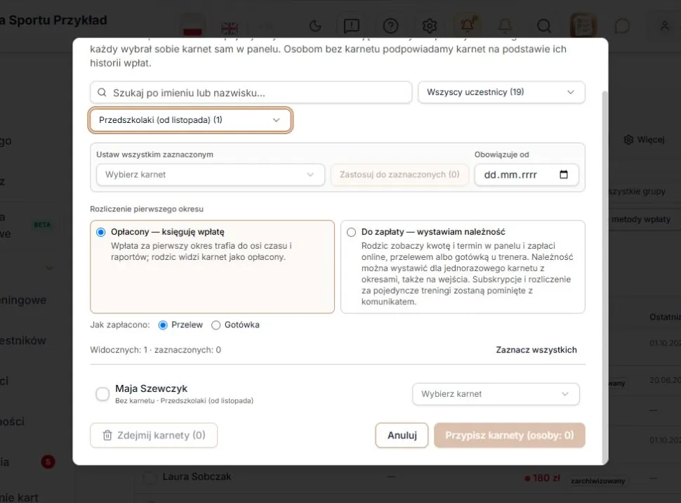 Przypisz karnety hurtem — grupa Przedszkolaki