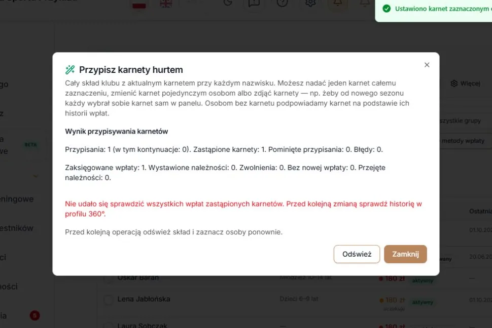Ostrzeżenie o niepełnej historii wpłat po zmianie karnetu