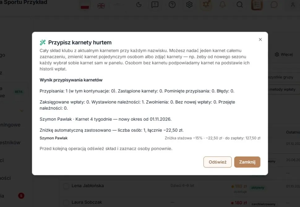 Inny karnet po końcu opłaconego okresu kończącej się subskrypcji