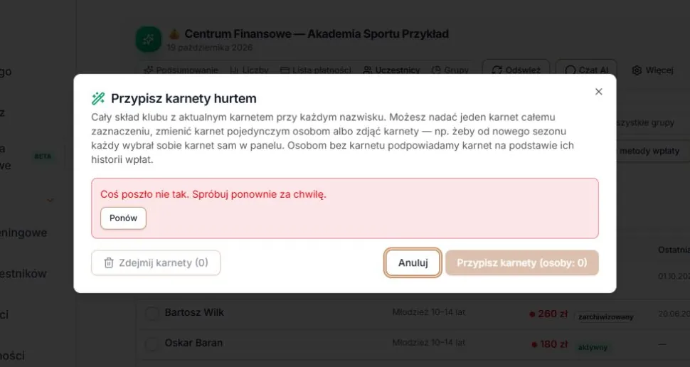 Nieudany odczyt — komunikat i przycisk Ponów