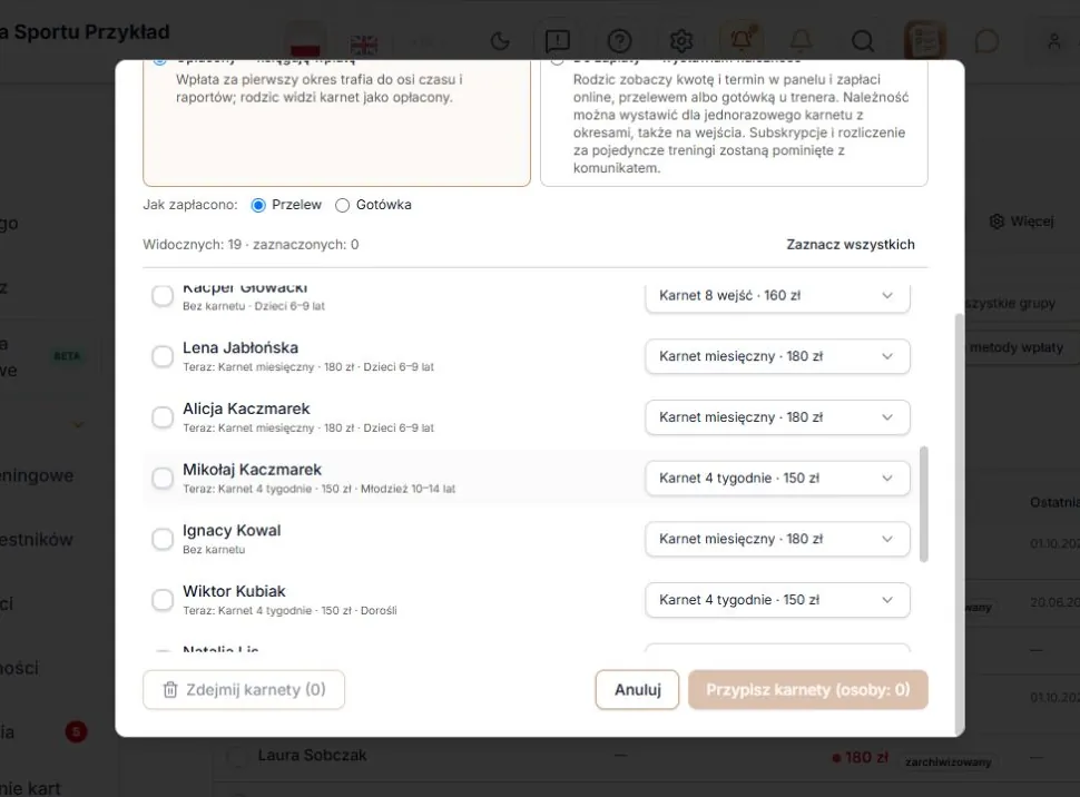 Nowy karnet po odświeżeniu i wyczyszczone zaznaczenie