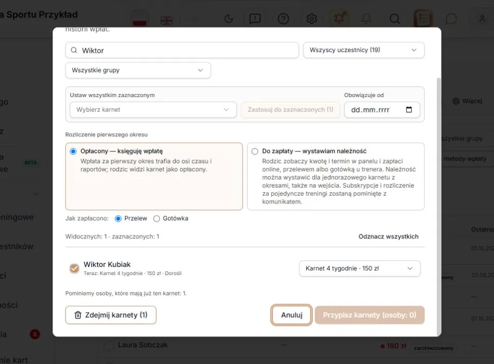 Wiersz uczestnika i osobne akcje przypisania oraz zdejmowania