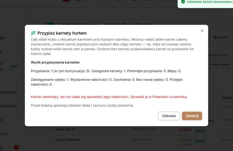 Potwierdzona zmiana karnetu z osobną awarią sprawdzenia należności