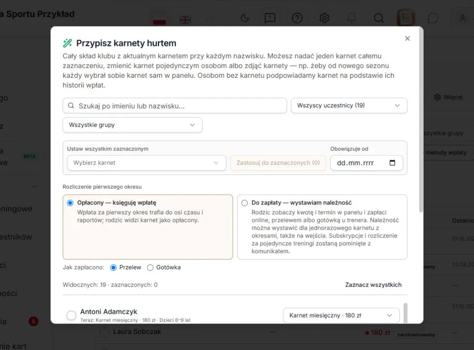 Przypisz karnety hurtem — filtry, wspólny karnet i data