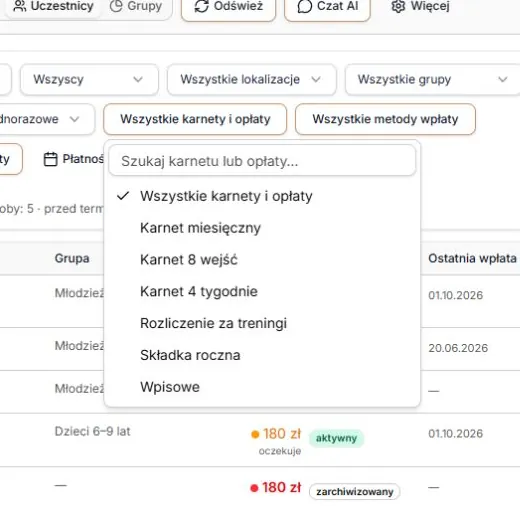 Menu karnetów i opłat