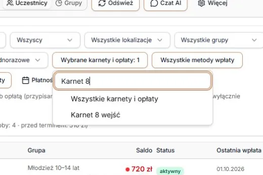 Wyszukiwanie opcji w menu karnetów