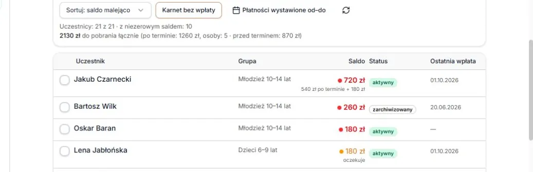 Kolumny listy i podział kwoty po terminie oraz przed terminem