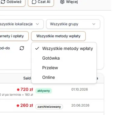 Menu metod wpłaty