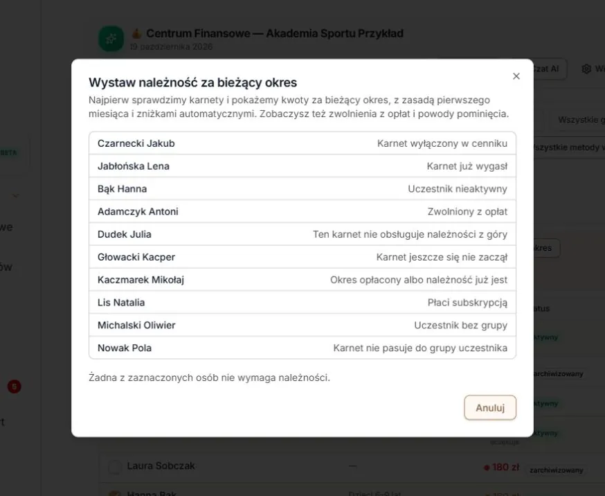 Wyłączony lub wygasły karnet, status osoby, zwolnienie i nieobsługiwany typ opłaty
