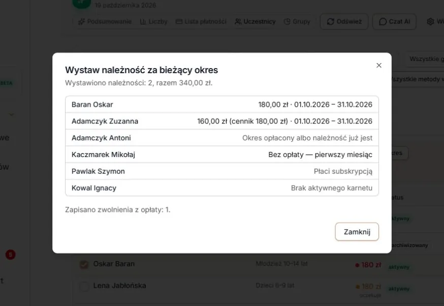 Wynik — dwie wystawione należności i jedno zapisane zwolnienie