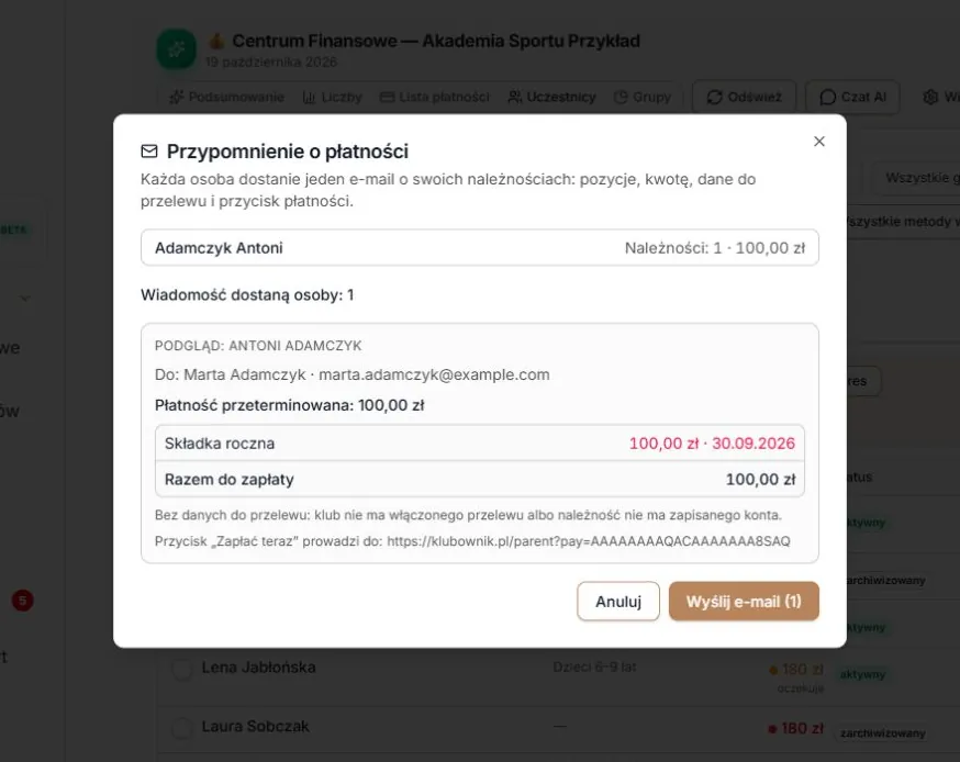 Podgląd bez bloku przelewu — kwota i link do płatności pozostają widoczne