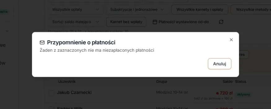 Przypomnienie — zaznaczone osoby bez należności
