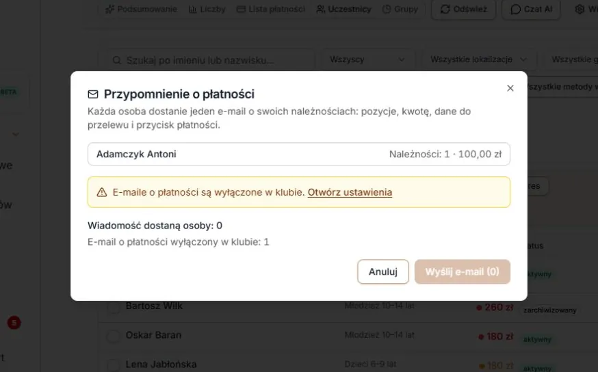 Wyłączony tylko e-mail o płatności