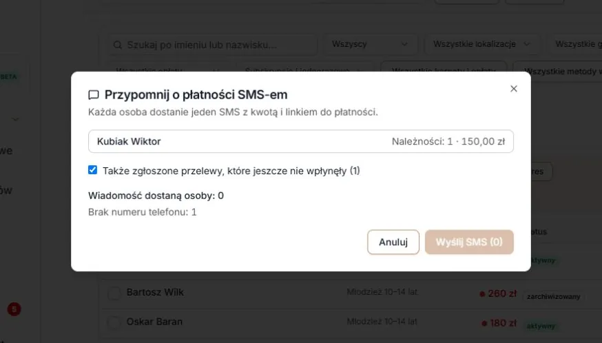 Ta sama należność — e-mail możliwy, SMS pominięty bez telefonu
