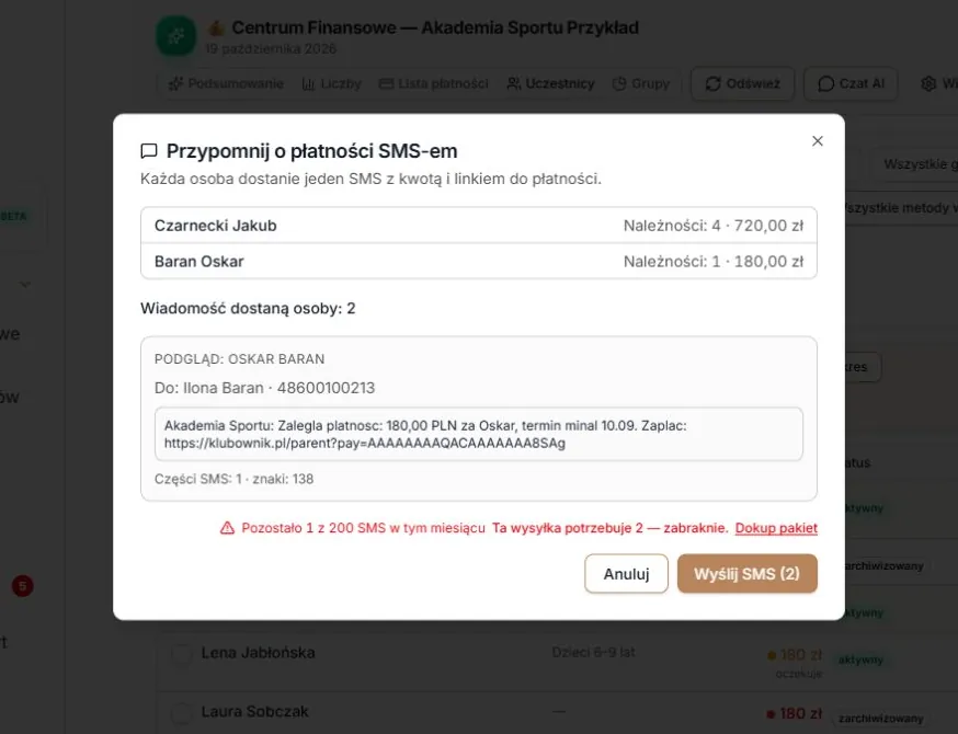 Podgląd dwóch przypomnień SMS — ostrzeżenie przy jednej pozostałej części