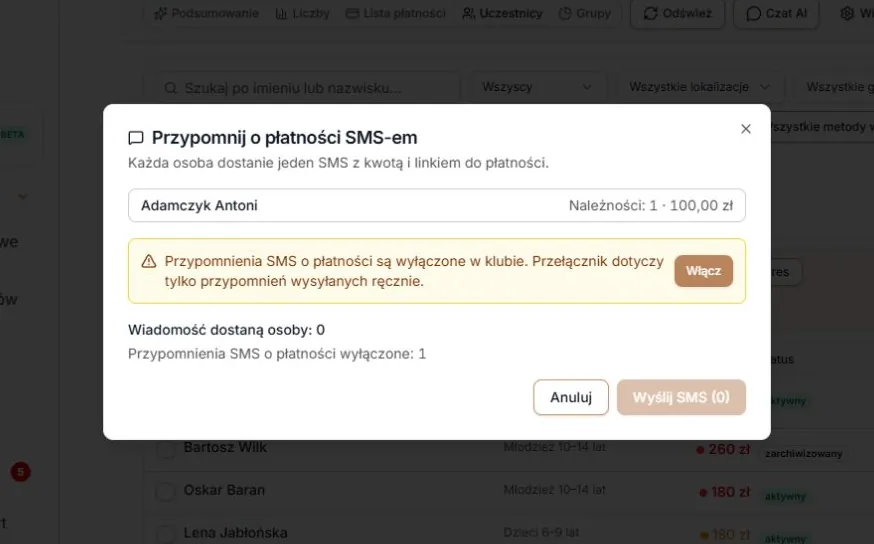 Ręczne przypomnienia SMS wyłączone — przycisk Włącz