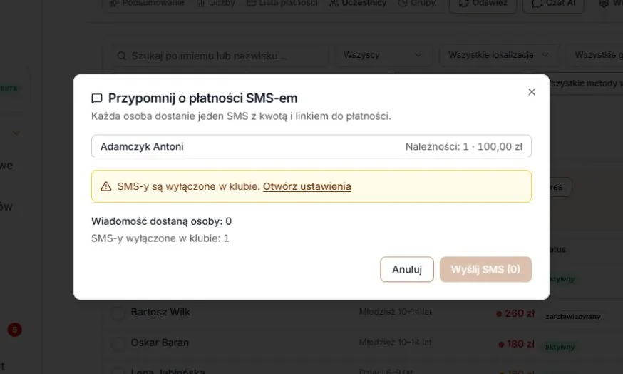 Cały kanał SMS wyłączony — pominięcie i link do ustawień