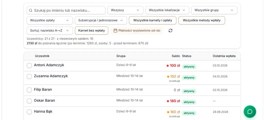 Sortowanie: nazwisko A→Z