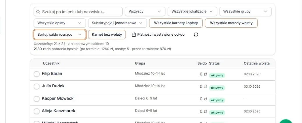 Sortowanie: saldo rosnąco