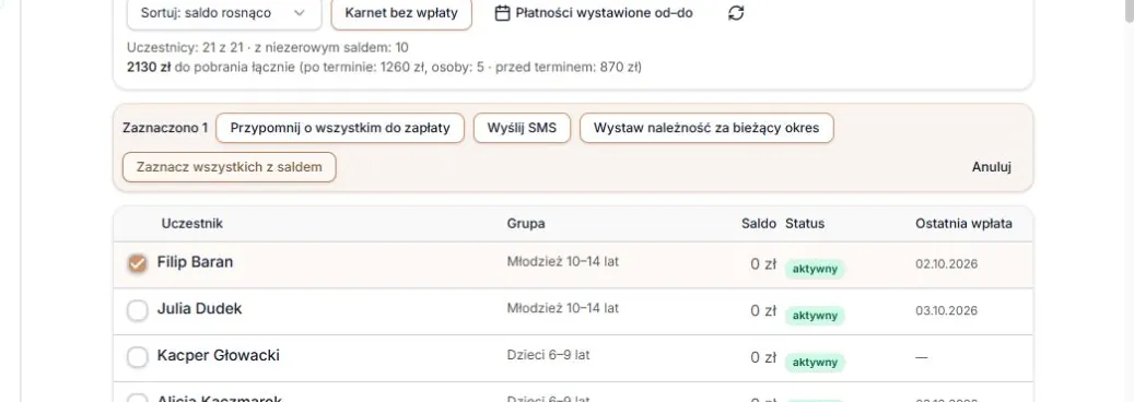 Pojedynczy wybór osoby z zerowym saldem