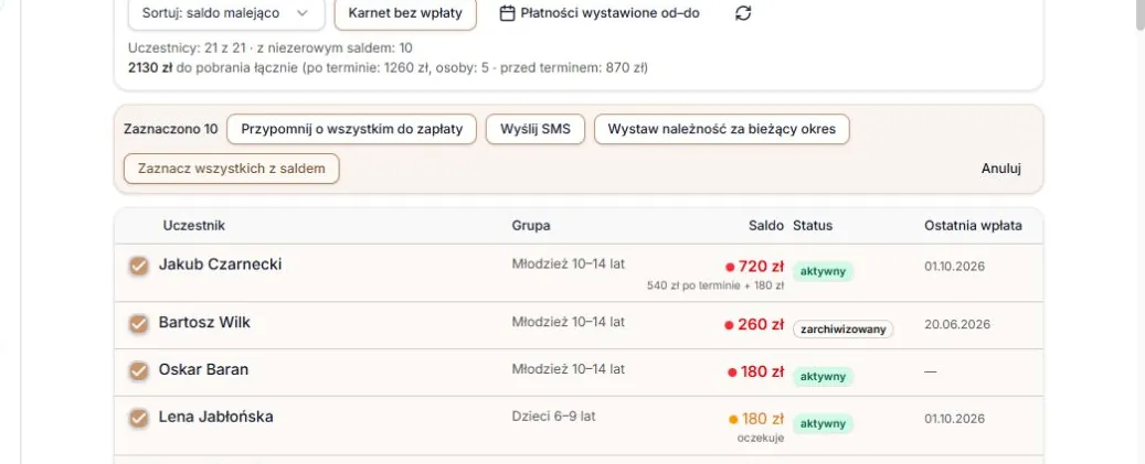 Zaznaczone wszystkie osoby z saldem