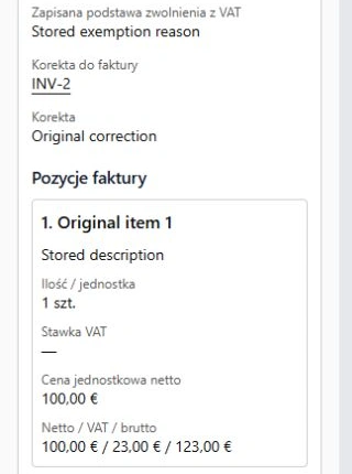 Fragment szczegółów korekty: podstawa zwolnienia z VAT, odnośnik do faktury źródłowej i zapisana pozycja. Bez zmiany dokumentu. Dane przykładowe.