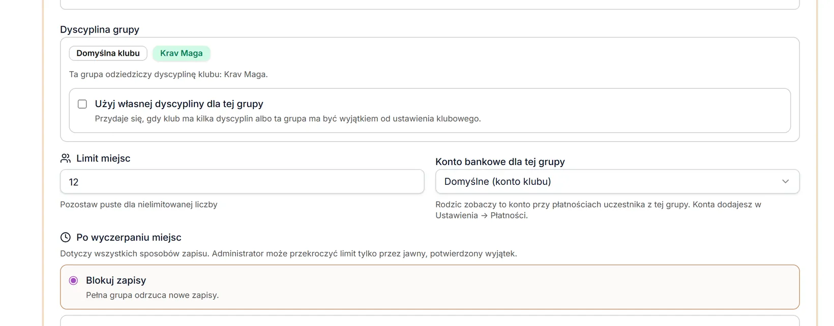 Nowa grupa — dyscyplina, limit miejsc i konto bankowe