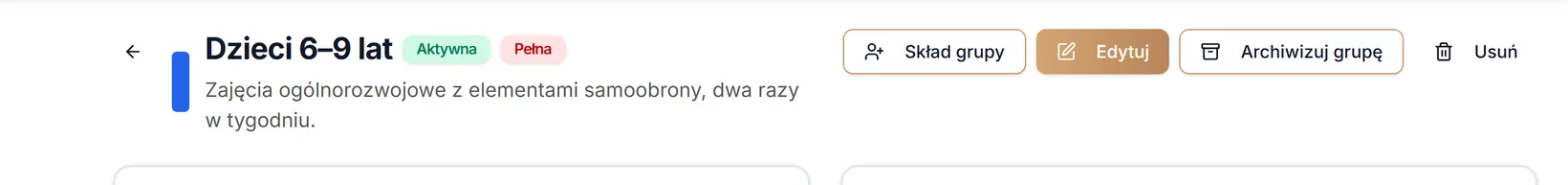 Nagłówek szczegółów grupy z przyciskami