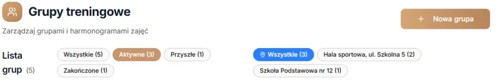 Nagłówek listy grup, filtr sezonu i filtr lokalizacji