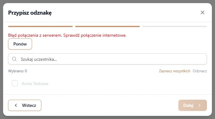 Rzeczywisty formularz: błąd historii, ponowienie i zablokowany wybór; lokalne dane fikcyjne