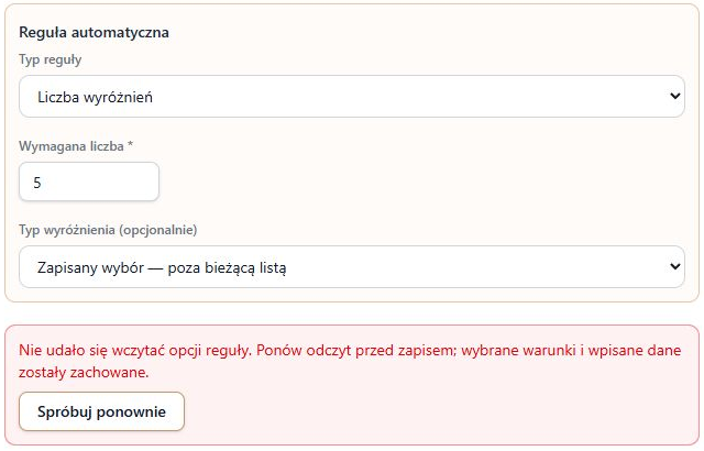Rzeczywisty formularz po błędzie odczytu: komunikat, ponowienie samej listy i zachowany wcześniejszy wybór; fikcyjna odznaka