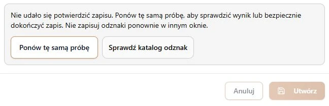 Rzeczywisty formularz po odmowie audytu: ostrzeżenie, ponowienie tej samej próby, katalog i zablokowane tworzenie; fikcyjna lokalna odznaka