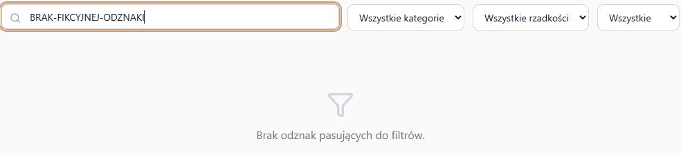 Rzeczywiste wyszukiwanie bez wyników w fikcyjnym katalogu: tekst nazwy, kategoria, rzadkość, aktywność i komunikat wyniku