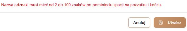 Rzeczywisty formularz po zatrzymanej próbie utworzenia: komunikat o nazwie i przycisk Utwórz; zapis nie został wysłany