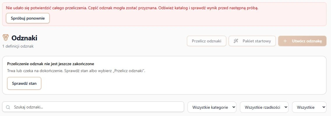 Rzeczywisty katalog po utracie poprawnego potwierdzenia: ostrzeżenie, odczyt ponowny i zablokowane przeliczenie; poniżej widoczny osobny stan pracy oczekującej, dane fikcyjne