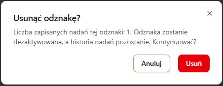 Rzeczywiste potwierdzenie dla fikcyjnej odznaki z nadaniem: licznik historii, anulowanie i potwierdzenie dezaktywacji
