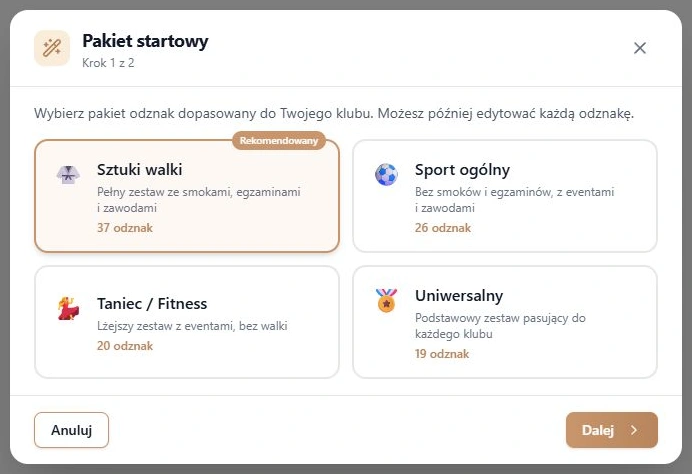 Rzeczywisty kreator: wybrany pakiet Sztuki walki i przejście do listy; lokalny fikcyjny klub