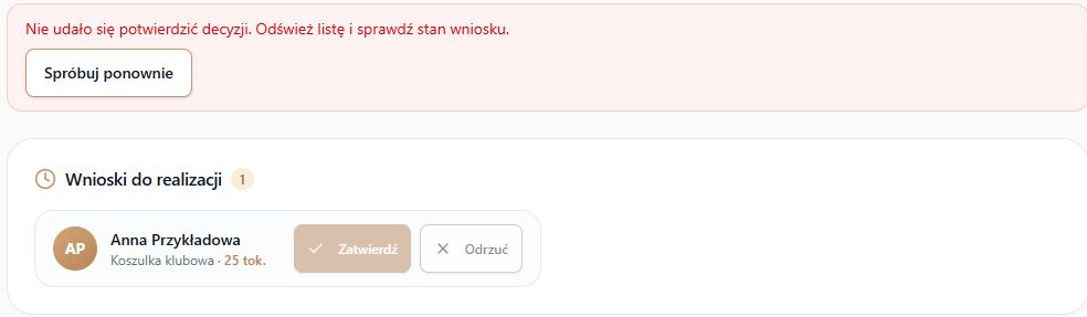 Odpowiedź utracona po zapisanym zatwierdzeniu — komunikat, ponowny odczyt i zablokowane decyzje; rzeczywisty komponent, fikcyjny klub
