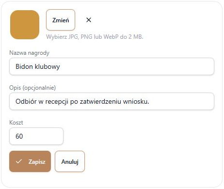 Edycja faktycznie utworzonej nagrody — grafika, nazwa, opis, koszt i dwa sposoby zakończenia formularza; fikcyjny klub