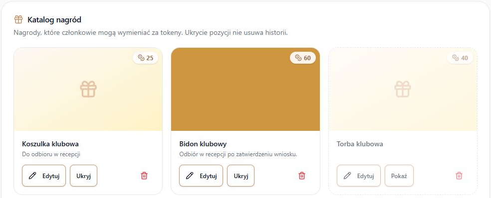 Katalog nagród — koszt i opis, edycja, ukrycie, ponowne pokazanie oraz usunięcie; rzeczywisty komponent i fikcyjne nagrody, jednolity złoty obraz jest testową grafiką