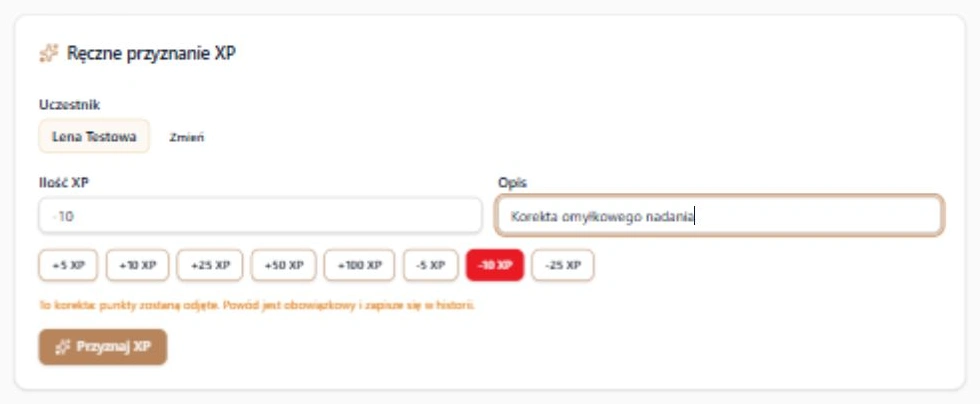 Ujemna korekta XP — dokładna kwota, wymagany powód i ostrzeżenie przed odjęciem