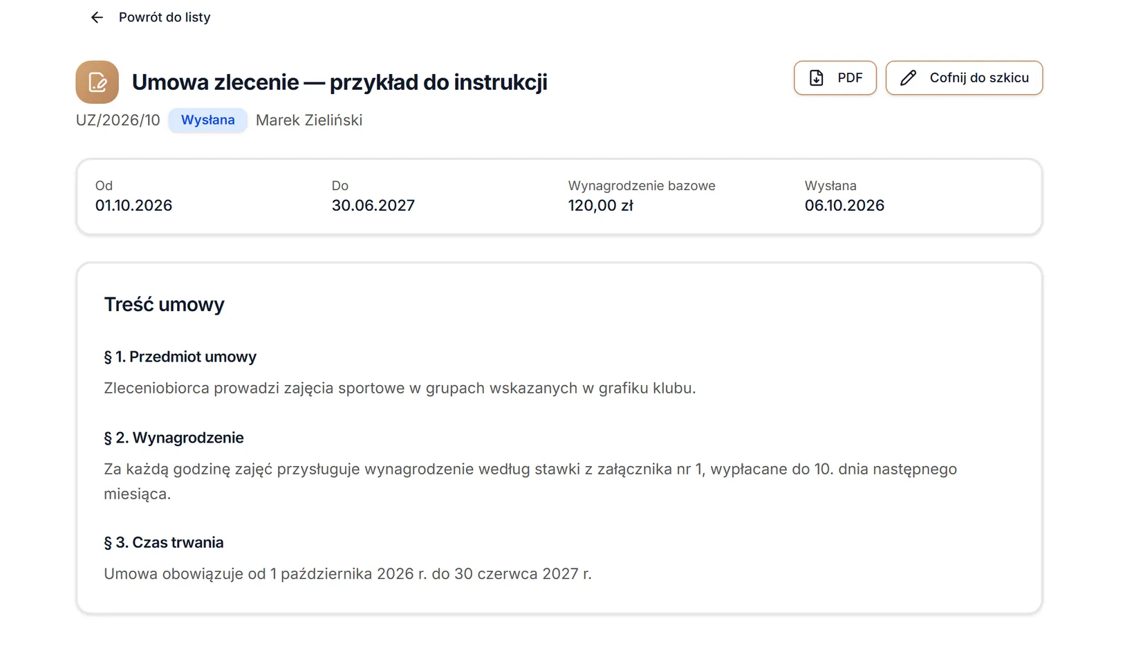 Wysłana umowa przed akceptacją — dane przykładowe