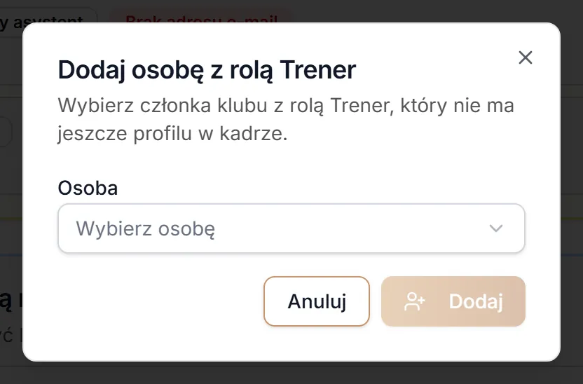 Okno „Dodaj osobę z rolą Trener”